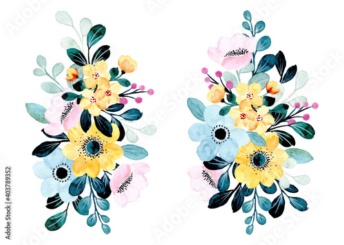 Yellow blue floral bouquet collection with watercolor