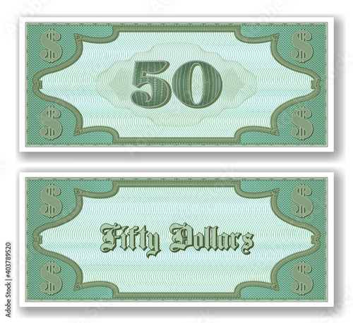 Sample paper certificate for 50 dollars. Obverse and reverse of the bill. Mesh. EPS10