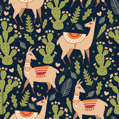 Vector seamless pattern with Llama and cacti. Natural hand drawing background with desert plants. Ideal for posters, children room decoration, etc