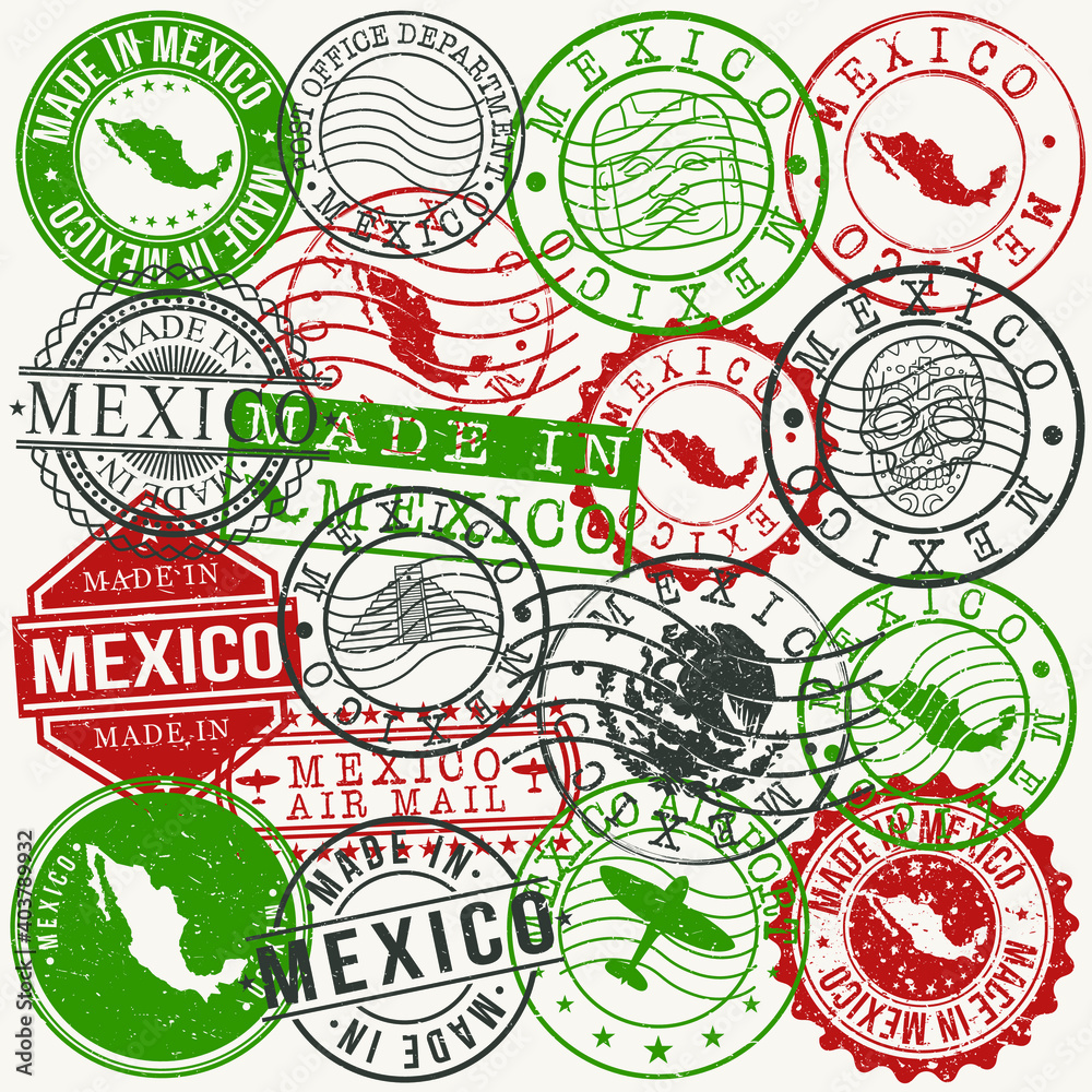 Fototapeta premium Mexico Set of Stamps. Travel Passport Stamps. Made In Product. Design Seals in Old Style Insignia. Icon Clip Art Vector Collection.