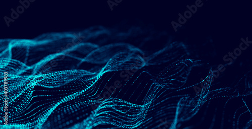 Dynamic particles wave. Blue dots on black background. Digital landscape. 3d rendering. Big data visualization 3D. Futuristic backdrop for design, wallpaper.