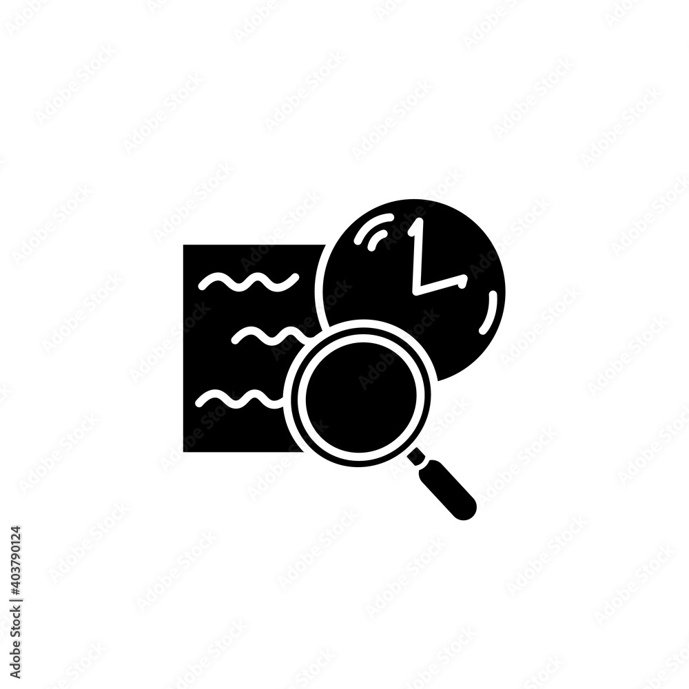 Comprehension glyph icon. Slow reading with magnifier and clock filled flat sign. Concept of attention tracking, information absorption time tracking. Isolated silhouette vector illustration Comprehension glyph icon. Slow reading with magnifier and clock filled flat sign. Concept of attention tracking, information absorption time tracking. Isolated silhouette vector illustration