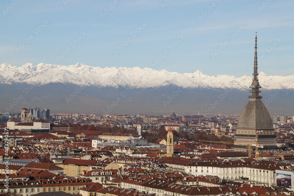 Turin: panoramic view of the city, the Mole Antonelliana Tower and the Alps

