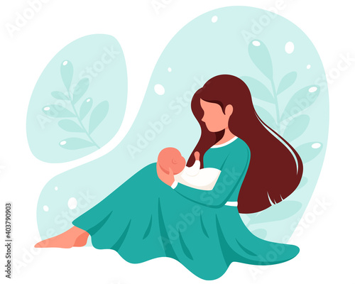 Woman sitting with baby. Motherhood, parenting concept. Mother's Day. Vector illustration.