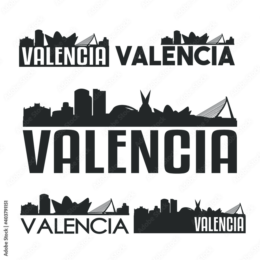 Valencia Spain. City Skyline. Silhouette City. Design Vector. Famous Monuments.