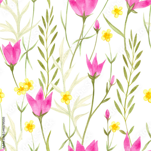 Watercolor flowers meadow summer seamless pattern © Kamila