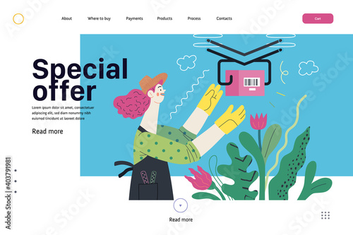 Discounts, sale, promotion - web template -delivery. Modern outlined flat vector concept illustration of gardening woman, wearing apron, receiving online order shipped with drone. Special offer