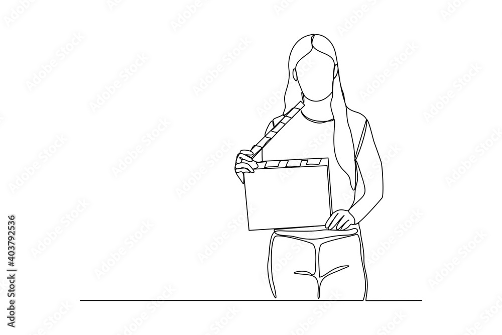 Continuous line drawing of woman hold retro old classic movie board clapper. Vintage film scene taker item concept single one line art design graphic vector illustration Continuous line drawing of woman hold retro old classic movie board clapper. Vintage film scene taker item concept single one line art design graphic vector illustration