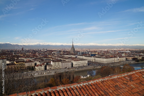 Turin: panoramic view of the city, the Mole Antonelliana Tower and the Alps 