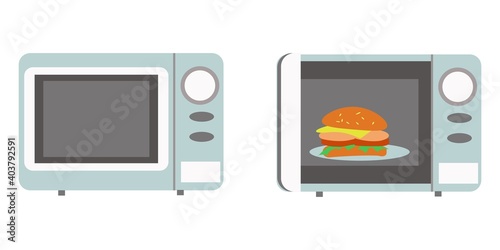 Microwave oven with closed door and microwave oven with burger Flat vector illustration