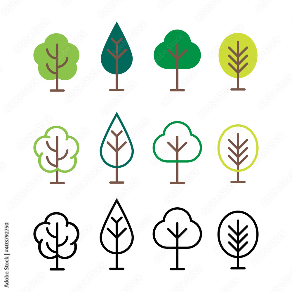 Tree icon collection. Different colored trees in flat design. Flat tree set isolated on white background