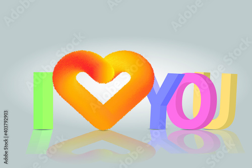 Volumetric 3D text I love you and a heart made of fur for Valentine's Day