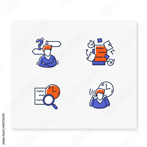 Focus mind color icon set. Pictograms collection for attention management, task and goal setting, mindfulness exercise, decision making and digital information detox. Isolated vector illustrations
