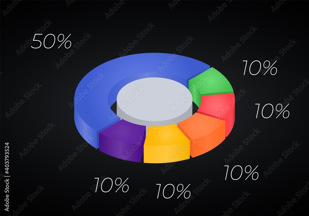 3d donut chart infographic. Concept with six options. 50 and 10 percent ...