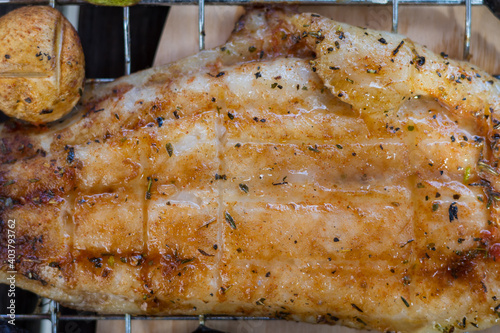 grilled fish selective focus and blurred background photo