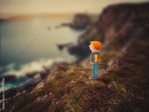 Hiker or backpacker standing on cliff edge at the coast looking out at the ocean horizon in late afternoon or evening 3D illustration.