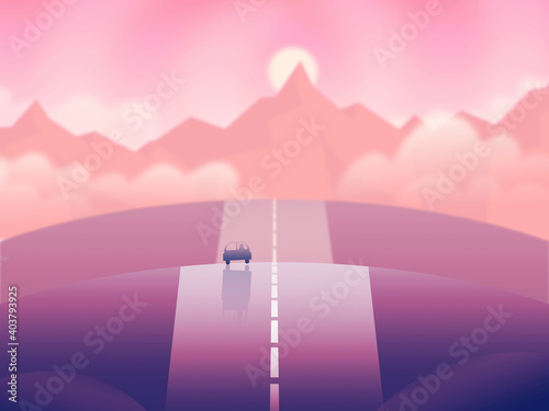 Car driving along straight road disappearing to vanishing point on the horizon and a distant large mountain among clouds in morning or evening sunlight illustration.