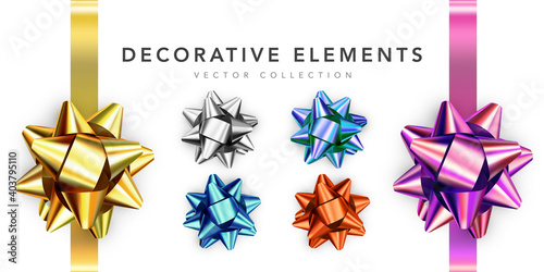 Collection of realistic shiny bows isolated on white background. Golden, silver, red, gift bows for cards, presentation, valentine's day, christmas and birthday illustrations. Vector illustration