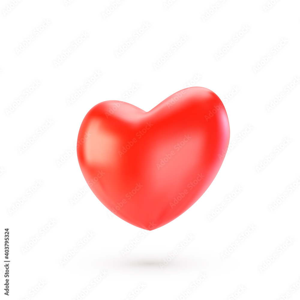 Realistic red heart with shadow isolated on white background. 3d render heart. Vector illustration