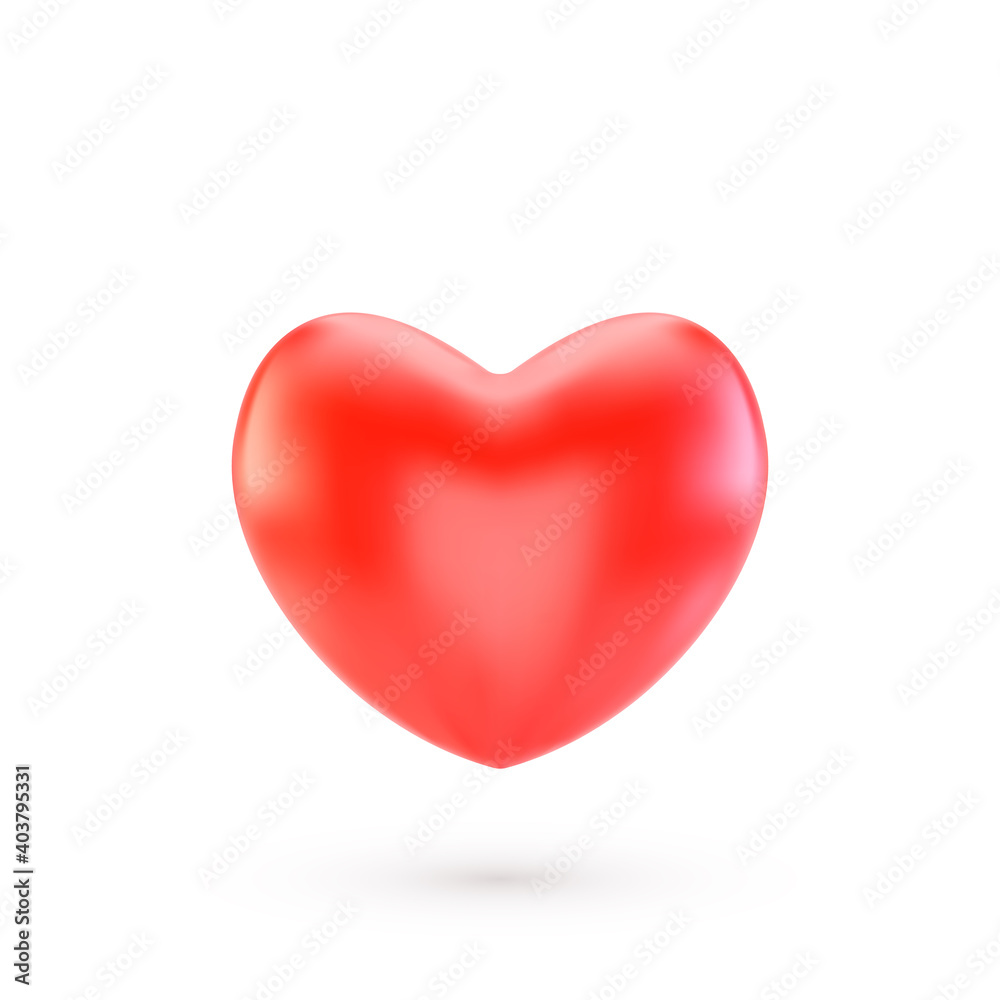 Realistic red valentine heart with shadow isolated on white background. 3d render heart. Vector illustration