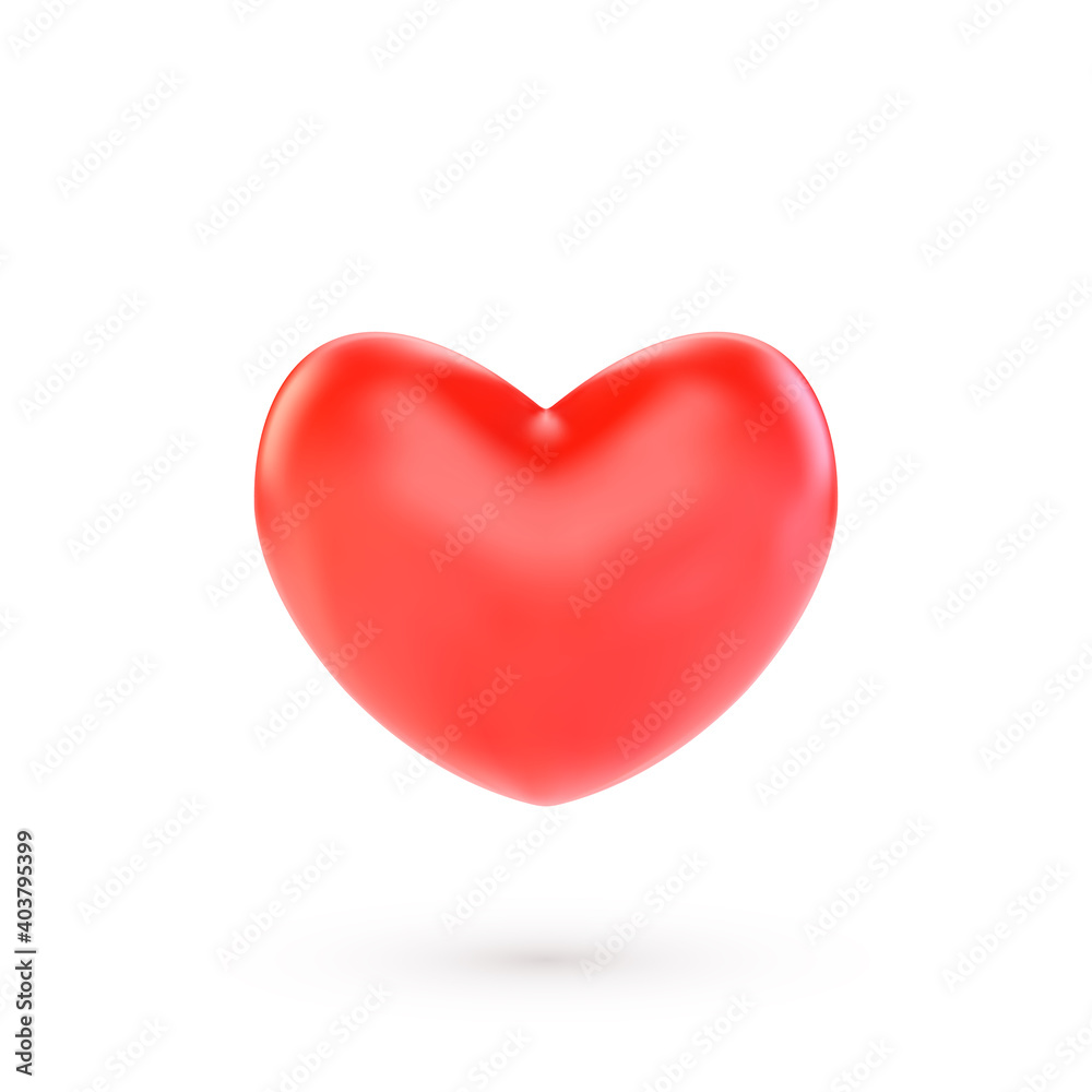 Realistic red valentine heart with shadow isolated on white background. 3d render heart. Vector illustration