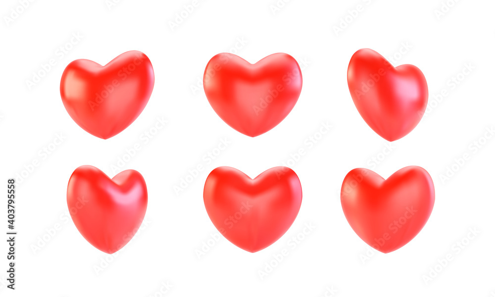 Collection of realistic red valentine hearts isolated on white background. 3d render heart. Vector illustration