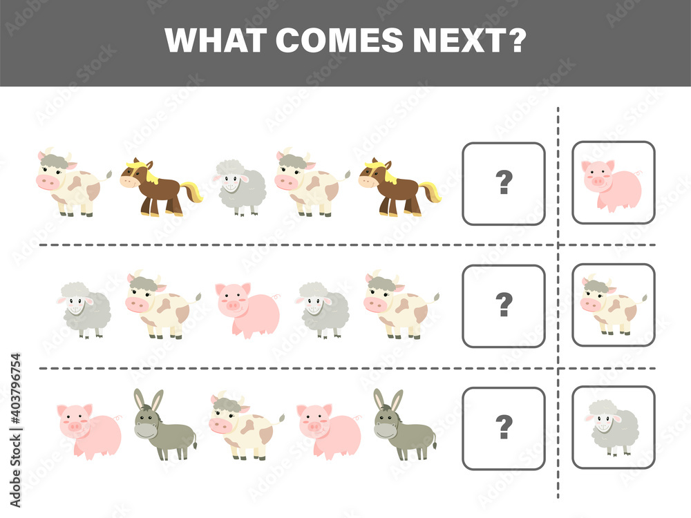 What comes next with cute farm animals-cow, pig, horse, sheep, and donkey.  Cartoon vector illustration. Logical worksheet for kids. Stock Vector |  Adobe Stock