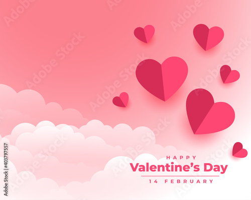 happy valentines day background with paper hearts and clouds