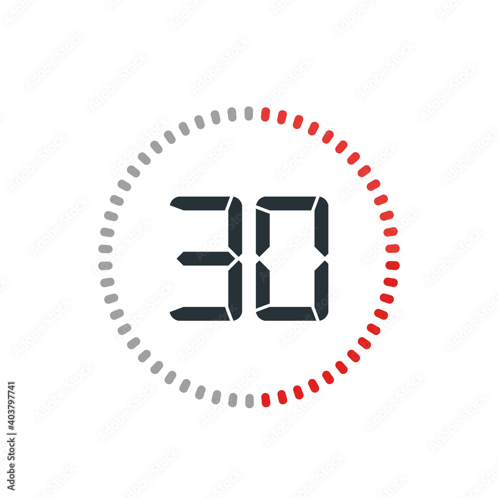 Countdown timer with thirty seconds or minutes in modern style. Isolated on a white background