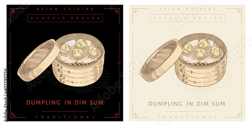 Traditional Chinese asian dumpling served in dim sum bamboo steamer
