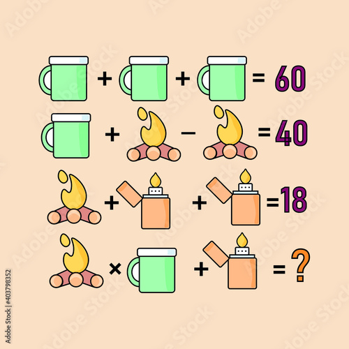 Mathematical riddle, educational game for children and adults, rebus.Riddle for the mind. Riddle with numbers. Vector. Mathematical rebus. Result. Crossword for social networks