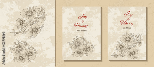 a set of old background, a postcard, a banner with an inscription under the text. hand-drawn branches, Orchid flowers in a minimalist style. modern background for holidays, invitations. vintage style.