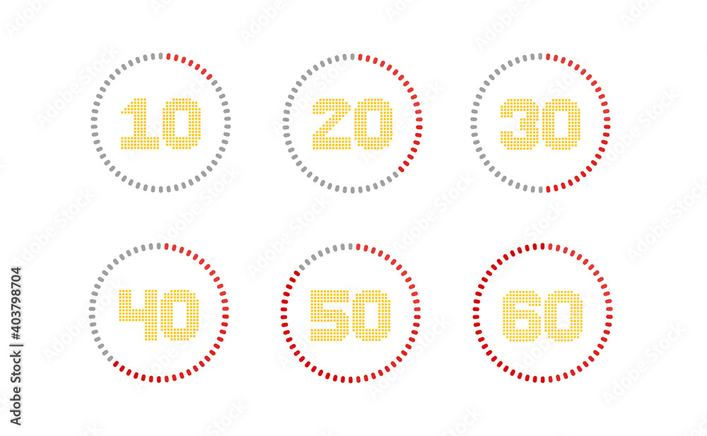 Countdown timer with ten seconds or minutes interval in modern and pixel numeric style. Isolated on a white background Countdown timer with ten seconds or minutes interval in modern and pixel numeric style. Isolated on a white background