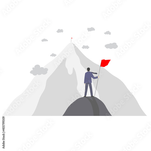 Vector illustration businessman holding red flag looking at the higher one. Second target business concept.