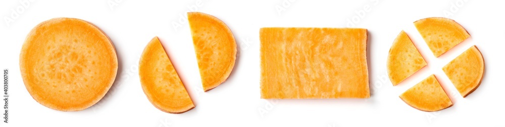 Sweet potato slices isolated on white, from above