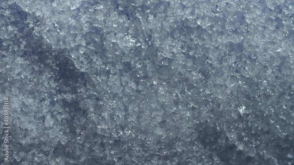 Cinematic frozen ice background with close up of amazing snow crystals. Cold frosty blue and white winter backdrop with cool texture. Dramatic macro shot with fade from and to black. 4K. Cinematic frozen ice background with close up of amazing snow crystals. Cold frosty blue and white winter backdrop with cool texture. Dramatic macro shot with fade from and to black. 4K.