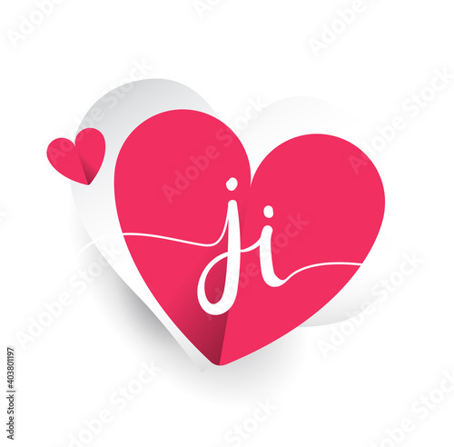 initial logo letter JI with heart shape red colored, logo design for wedding invitation, wedding name and business name.