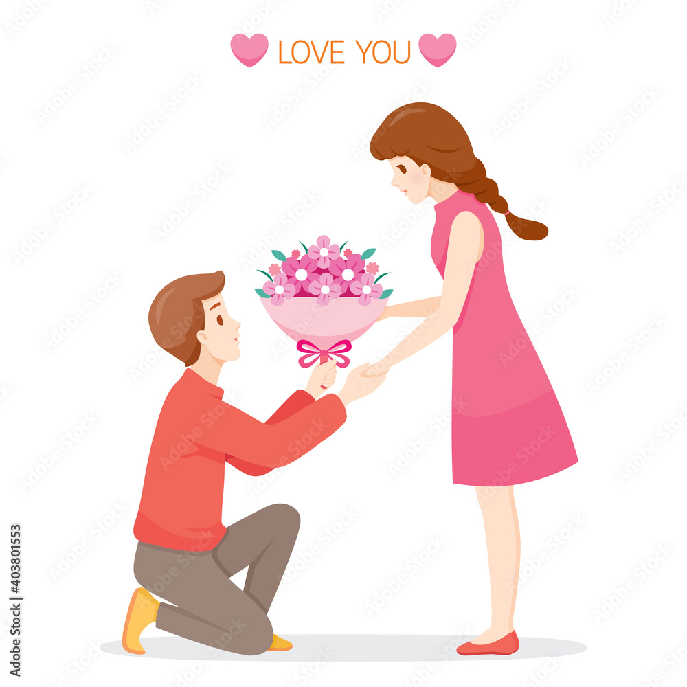 Man Giving Woman Bouquets Of Flowers On Valentine’s Day Man Giving Woman Bouquets Of Flowers On Valentine’s Day