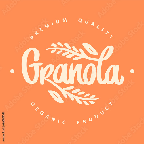 Granola logo vector. Food logotype for package, label. Emblem eco breakfast food. Lettering composition, spikelets, grains. Handwritten calligraphy.