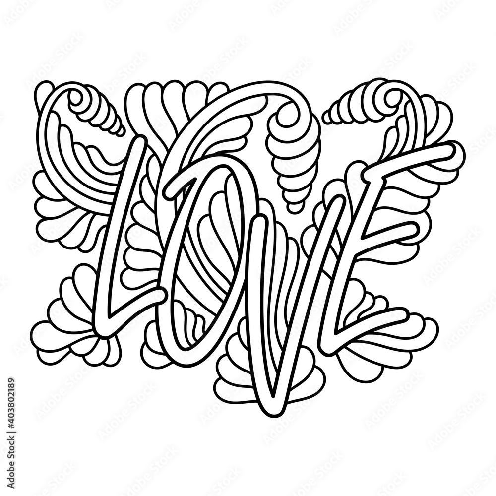 Word Love for coloring book. Coloring page for adult and older children ...