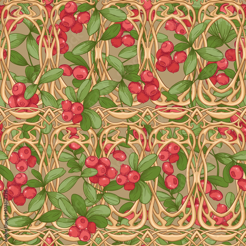 Cranberry in a decorative imitation of a wicker basket made of twigs. Seamless pattern, background. Graphic drawing, engraving style. Vector illustration on kraft background..