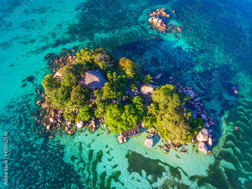 Fototapeta Naklejka Na Ścianę i Meble -  An aerial top down view on Chauve Souris islet near Anse Volbert on Praslin island, Seychelles