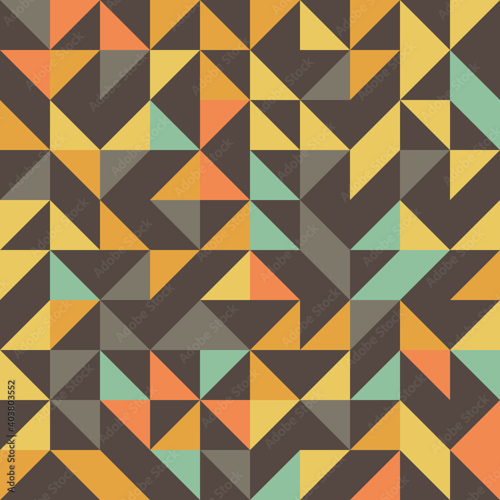 Vector truchet geometric triangle seamless pattern background. Retro color backdrop with random tiled triangular and rhombus shapes in orange, brown, blue, yellow. 1970s style fun all over print Vector truchet geometric triangle seamless pattern background. Retro color backdrop with random tiled triangular and rhombus shapes in orange, brown, blue, yellow. 1970s style fun all over print