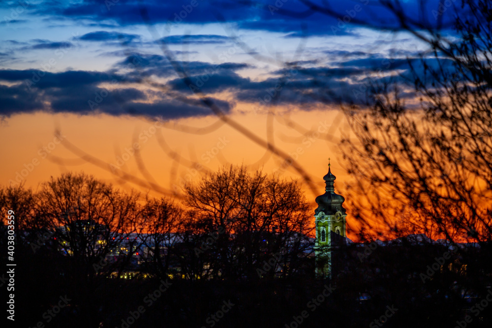 St. Theresia Church dome in  Munich, Germany during a winter twilight