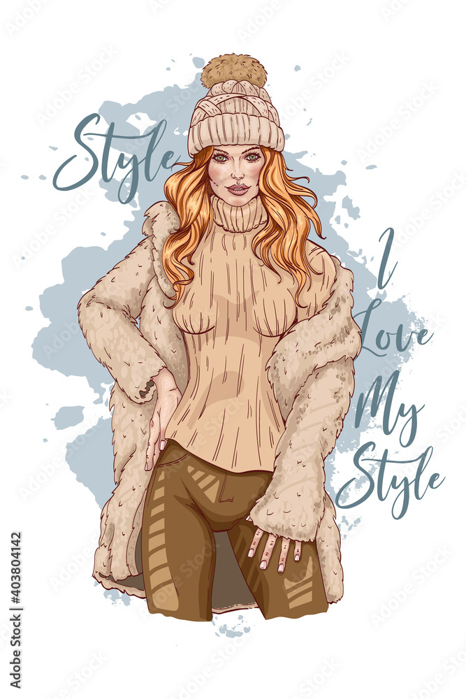 Fashion girl in stylish clothes, fur coat and hat. Beautiful young woman posing. Trend clothing for winter. Hand drawn sketch. Vector illustration. Fashion girl in stylish clothes, fur coat and hat. Beautiful young woman posing. Trend clothing for winter. Hand drawn sketch. Vector illustration.