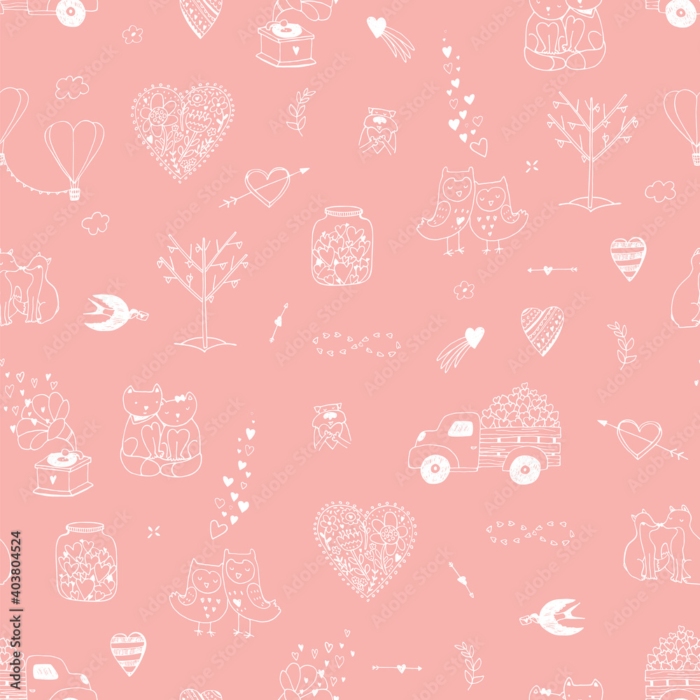 Valentine's day animals couples and hearts, cars, love graphic elements hand drawn seamless vector pattern