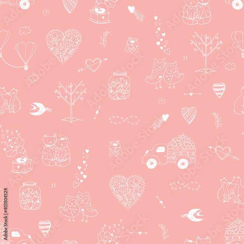 Valentine's day animals couples and hearts, cars, love graphic elements hand drawn seamless vector pattern © GooseFrol