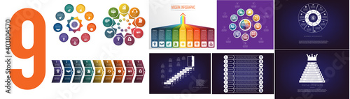 Collection of 9 colorful infographics for nine positions. Infographic can be used for presentations, business concepts.