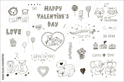 Valentine's day animals couples and hearts, cars, love graphic elements hand drawn vector illustrations set