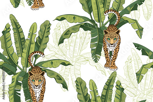 ..Banana leaves and wild leopard on a white background. Hand-drawn seamless vector pattern. Illustration of wildlife.